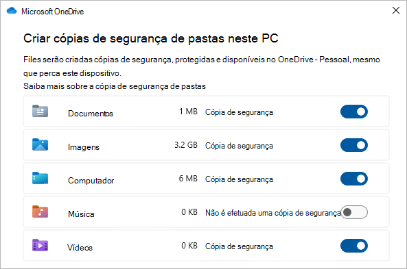 Captura de ecrã a mostrar a caixa de diálogo de seleção para criar cópias de segurança de pastas do OneDrive