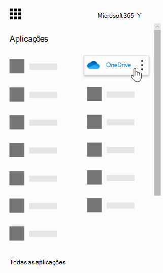 Inicializador de aplicativos do Office 365 com o aplicativo OneDrive realçado