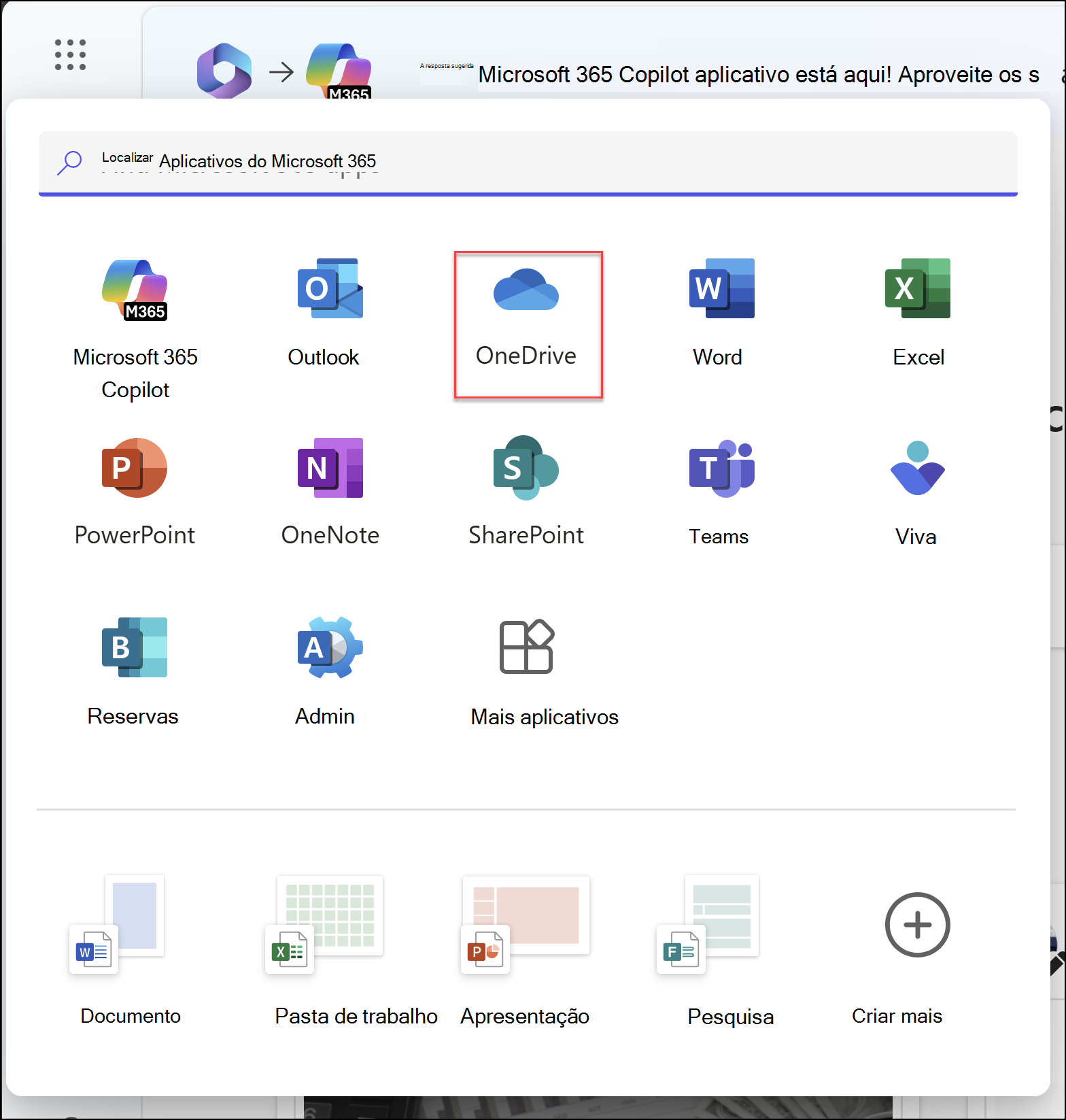 Uma janela do navegador com o inicializador de aplicativo aberto e o aplicativo OneDrive realçado