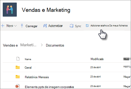 Captura de tela da adição de um atalho ao Seu OneDrive de uma biblioteca compartilhada