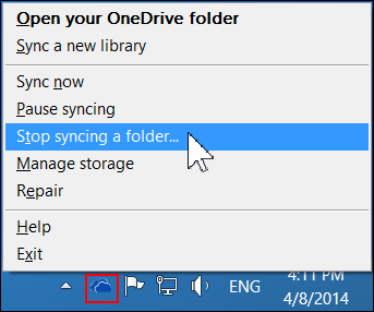 Comando Interromper sincronização de uma pasta no menu OneDrive for Business