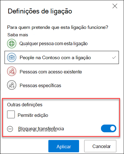 Opções de compartilhamento no OneDrive, destacando a opção Bloquear download.