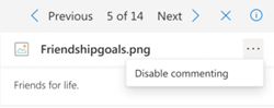 A opção de desativar comentário no painel de detalhes do OneDrive.