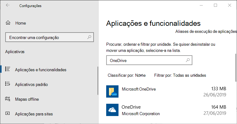 OneDrive nas configurações de aplicativos do Windows