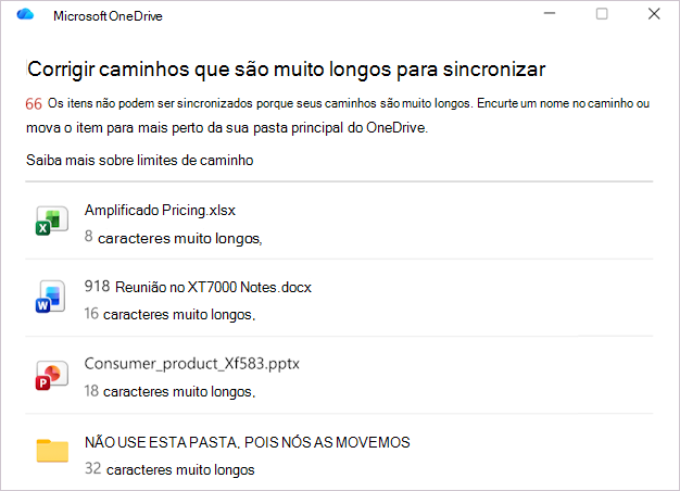 Captura de tela mostrando a lista de caminhos de arquivo do OneDrive.