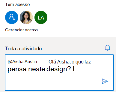 A atividade card no OneDrive a mostrar a funcionalidade @menção.