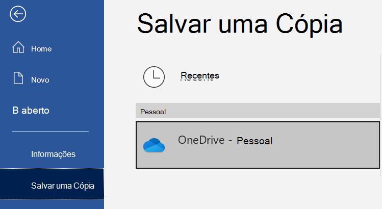 A lista de locais na página Salvar uma cópia de um documento Word.