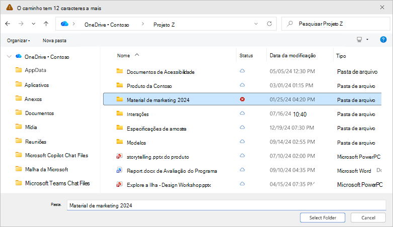 Captura de tela mostrando a caixa de diálogo Selecionar pasta do OneDrive.