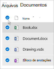 Captura de tela da seleção de todos os arquivos e pastas do OneDrive