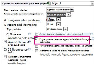 Caixa de diálogo Opções, guia Cronograma, área Opções de agendamento deste projeto