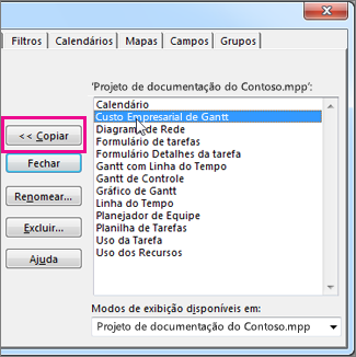 O Organizador do Project mostrando a lista de elementos no projeto aberto atualmente.