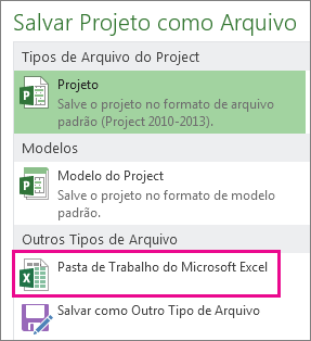 salvar arquivo do project como pasta de trabalho do microsoft excel