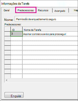 A caixa Informações da Tarefa, mostrando a guia Predecessores.