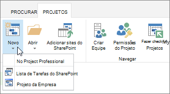 Botão Novo na Faixa de Opções da Central de Projetos