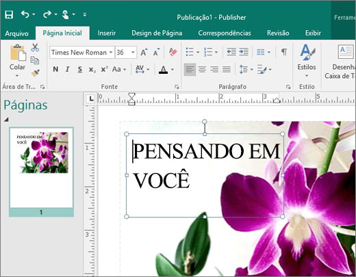 Captura de tela de uma caixa de texto em uma página de um arquivo do Publisher.