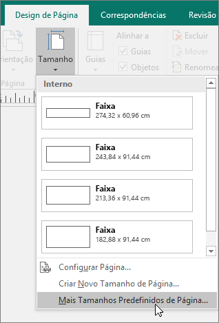Captura de tela da opção Mais Tamanhos de Página Predefinidos na guia Design de Página no Publisher.