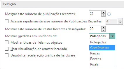Configurações de exibição avançada que permitem alterar unidades de medida.
