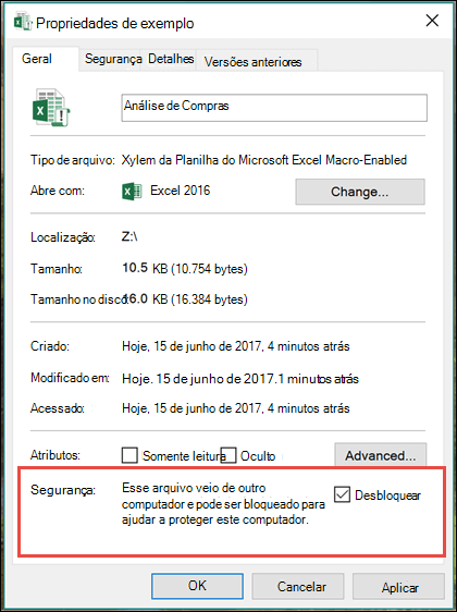 Clique com o botão direito do mouse no arquivo no Windows Explorer para desbloquear as macros.