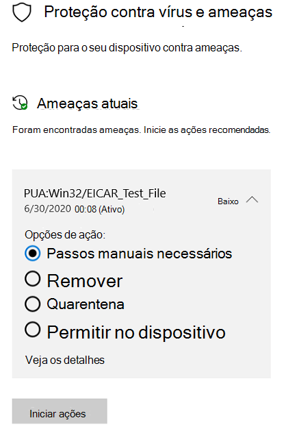 As ações que você pode realizar quando a Segurança do Windows detecta um aplicativo potencialmente indesejado