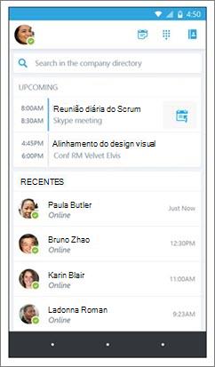 Tela inicial do Skype for Business para Android