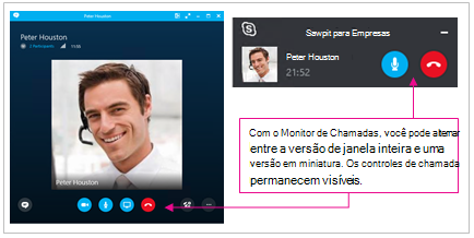 Capturas de tela da janela completa e minimizada do Skype for Business