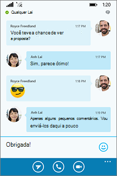 Nova aparência do Skype for Business para Windows Phone - janela de conversa
