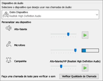 Configurações personalizadas (alto-falante, microfone, campainha) para dispositivo de áudio