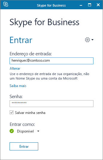 Captura de tela da página de entrada do Skype for Business