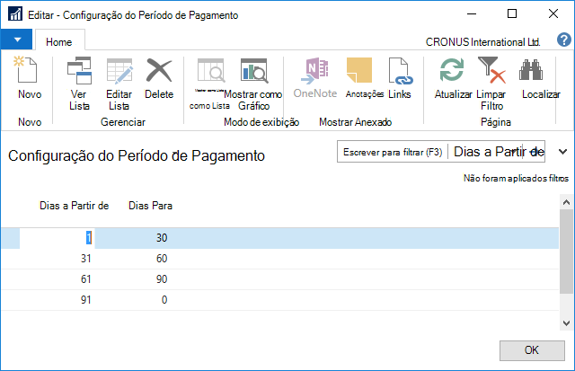 Configuração do período de pagamento