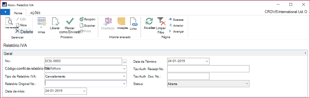 Captura de tela para um novo relatório de IVA