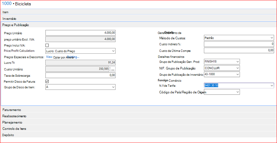 Configure o N.º de Tarifa de Itens. valor