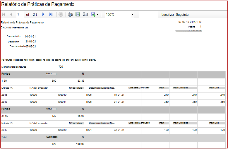 Mostrar faturas para relatórios de práticas de pagamento