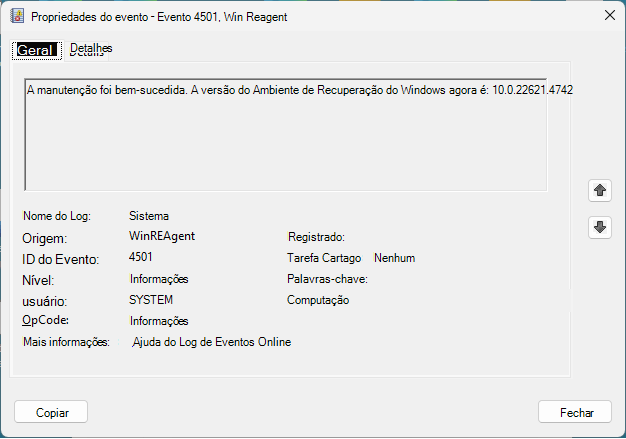 WinRE Event Properties