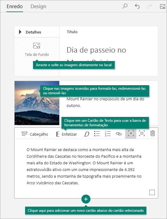 Adicionar imagens e texto ao enredo