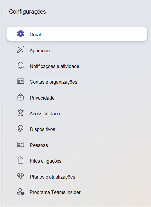 Captura de tela do painel Configurações mostrando categorias como Geral, Privacidade e Dispositivos.