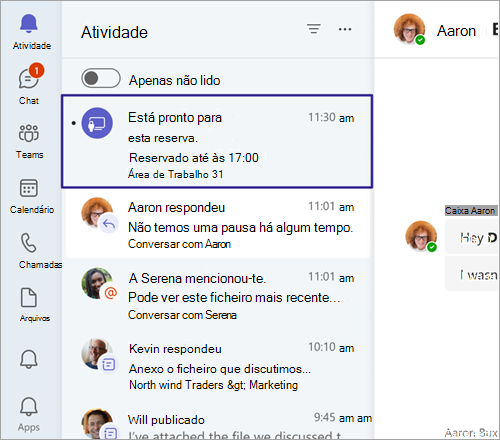 Captura de ecrã a mostrar a confirmação da reserva do suporte reservado no feed de atividades do Teams no plug-in.