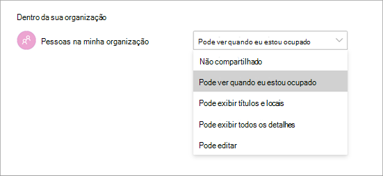 Captura de tela mostrando diferentes permissões de acesso ao compartilhar um calendário no Teams.
