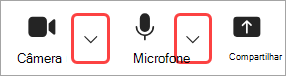 Realce de imagem Setas suspensas de câmera e microfone nos controles de reunião do Teams.