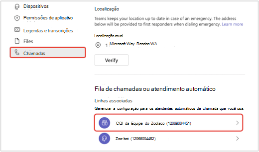 uma tela no menu Teams of the Settings