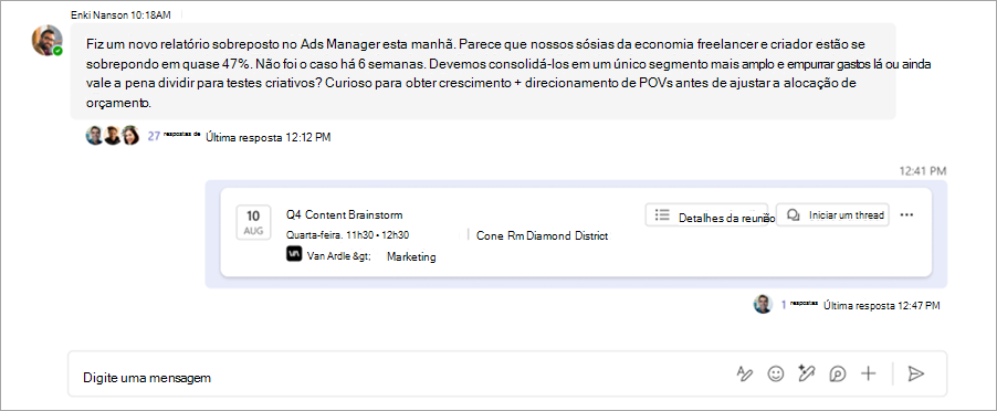 Captura de tela mostrando o chat de reunião encadeado em um canal do Microsoft Teams.