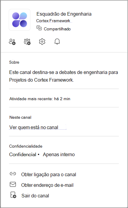 Captura de tela de um channel card. Aponte para o nome de um canal para exibir seu channel card.