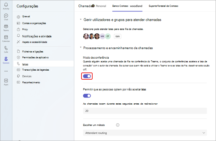 Captura de tela mostrando como ativar ou desativar o modo de conferência
