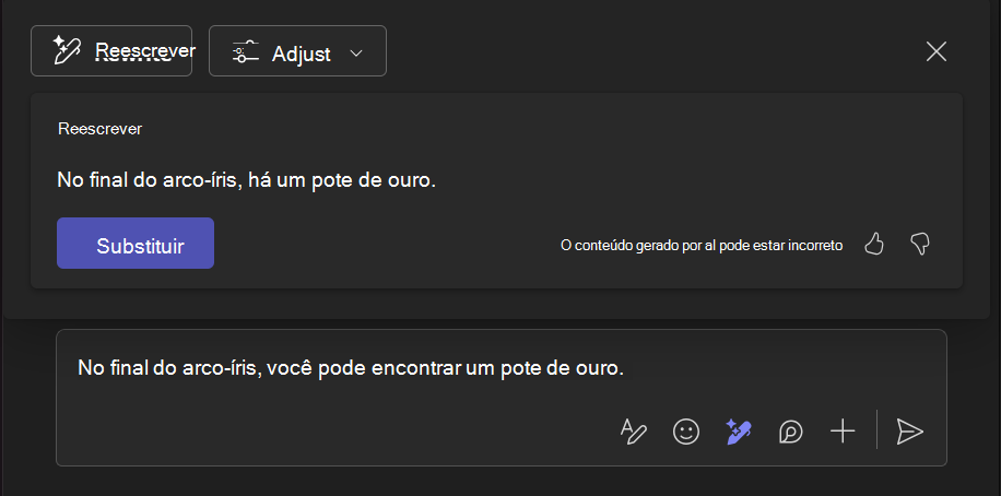 Captura de ecrã a mostrar como Reescrever com a ferramenta Copilot ajuda a melhorar uma parte do texto.