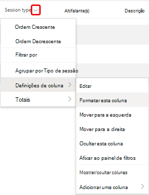 Formatar esta opção de menu de coluna