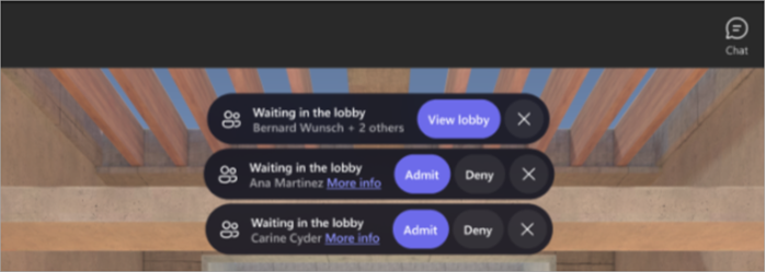Captura de tela mostrando uma exibição dos organizadores das notificações do lobby em um evento imersivo.