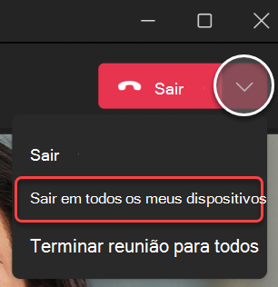 Captura de ecrã do menu pendente Sair da reunião no Teams para ambiente de trabalho.