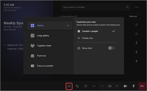 Captura de ecrã a mostrar como alterar a sua vista no Android no Salas do Microsoft Teams