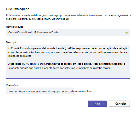 Criar equipe