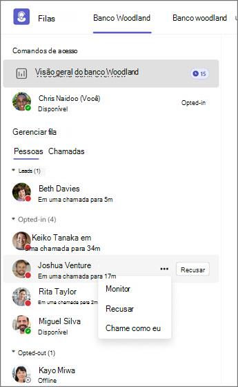 Sistema de gestão de filas a mostrar os estados e opções do agente para monitorizar, optar ativamente por não participar ou chamar.