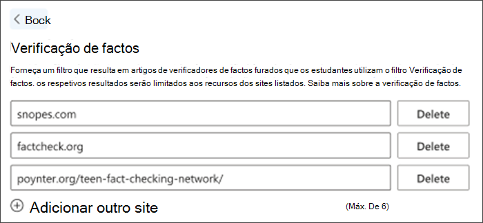 Captura de tela da opção de marcar de fato nas configurações. Três sites de verificação de fatos padrão estão listados - eles podem ser excluídos e outros podem ser adicionados para atender às necessidades de um professor